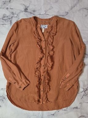 Anthropologie Pilcro Ruffled Placket Linen Blend Shirt Rust/brown